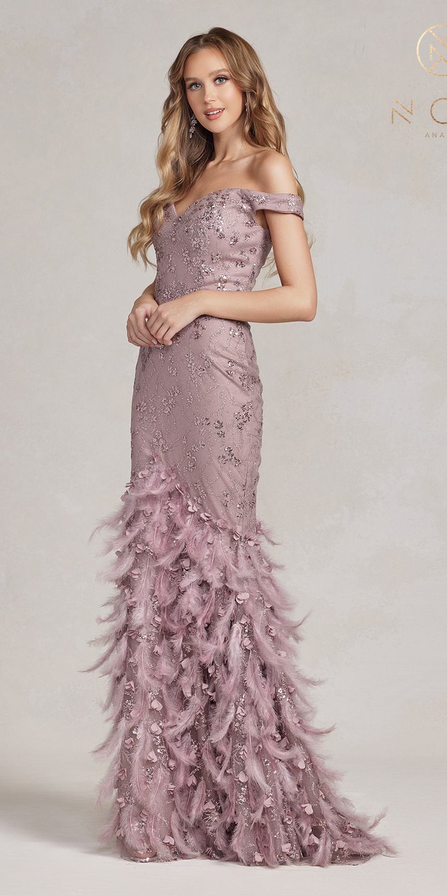 Nox Anabel C1106 Long Mermaid Off the Shoulder Gown with Feathers by DiscountDressShop