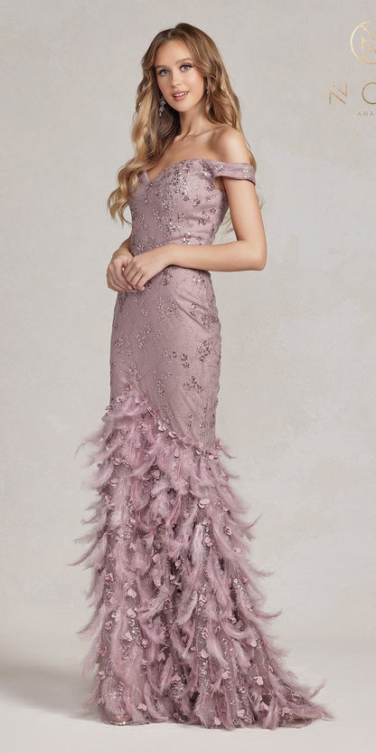 Nox Anabel C1106 Long Mermaid Off the Shoulder Gown with Feathers by DiscountDressShop