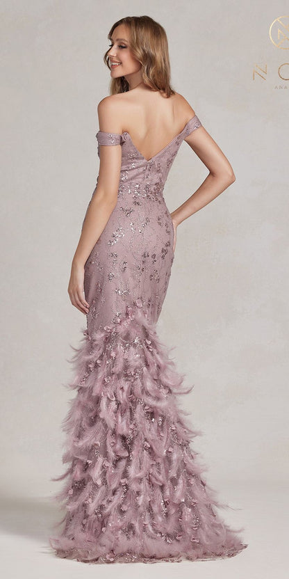 Nox Anabel C1106 Long Mermaid Off the Shoulder Gown with Feathers by DiscountDressShop