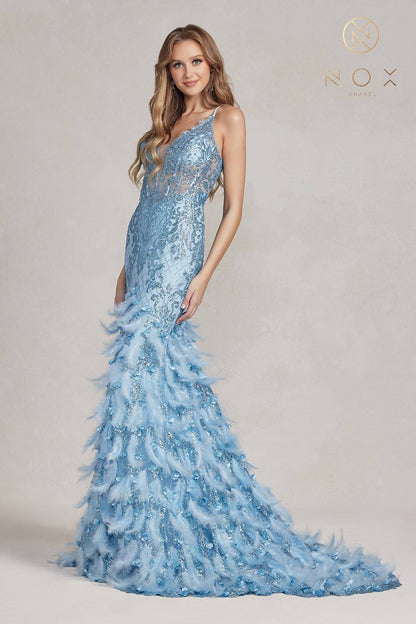 Nox Anabel C1111 Glitter Feather Skirt Mermaid Gown by DiscountDressShop