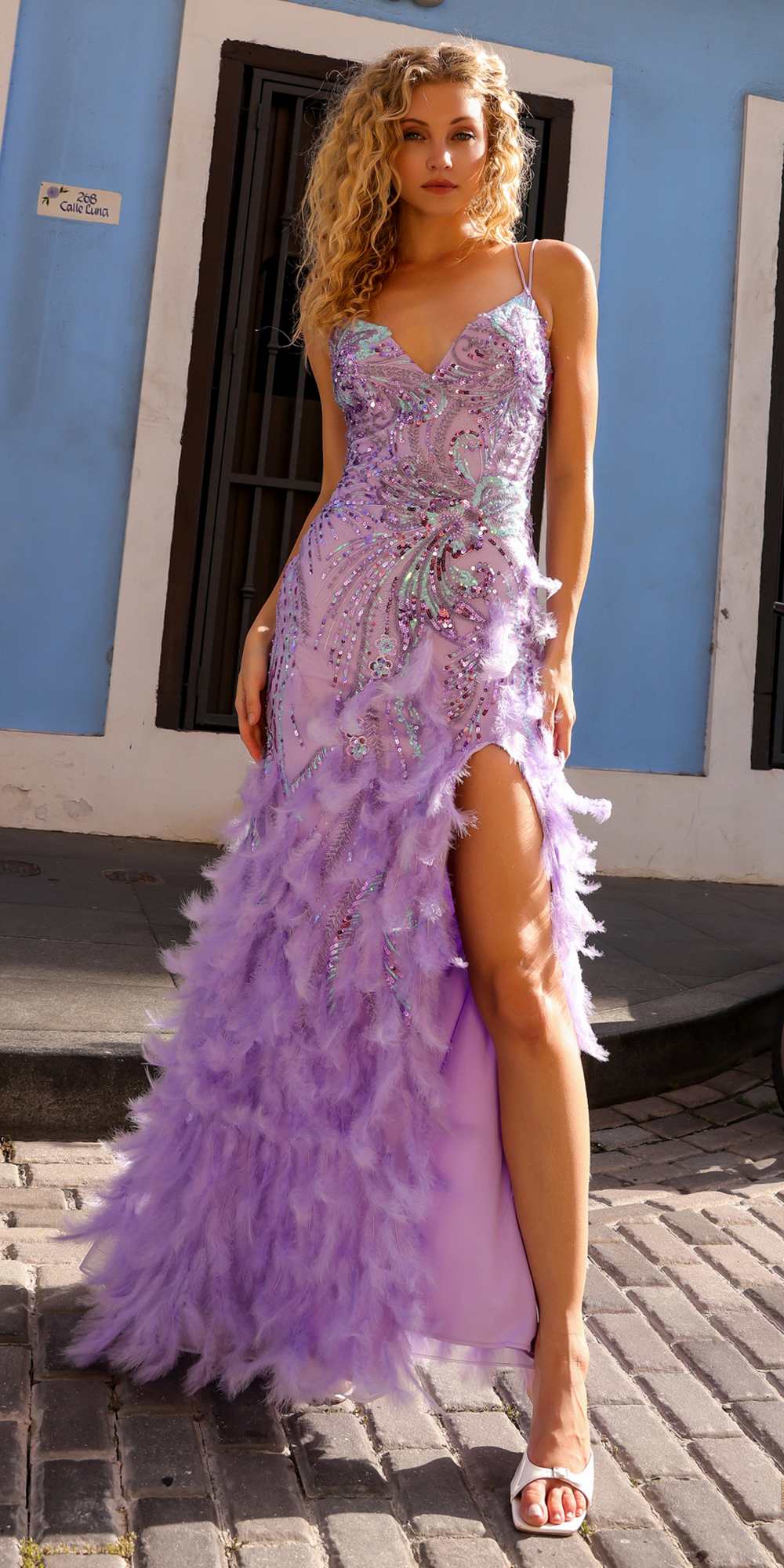 Nox Anabel C1413 Long Sequin Embroidered Applique Fitted Feather Gown by DiscountDressShop