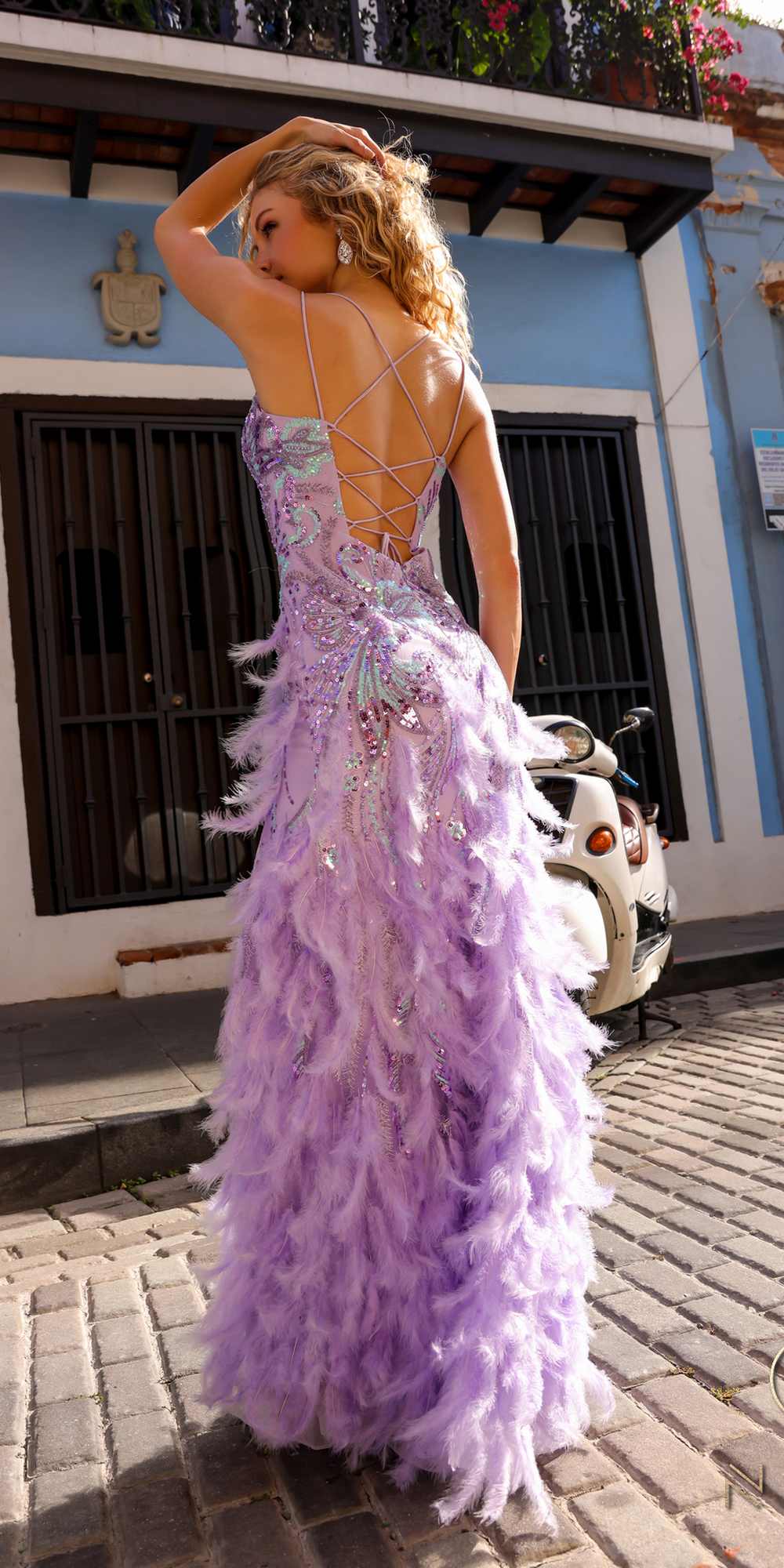 Nox Anabel C1413 Long Sequin Embroidered Applique Fitted Feather Gown by DiscountDressShop