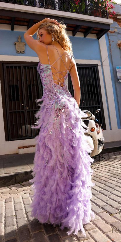 Nox Anabel C1413 Long Sequin Embroidered Applique Fitted Feather Gown by DiscountDressShop