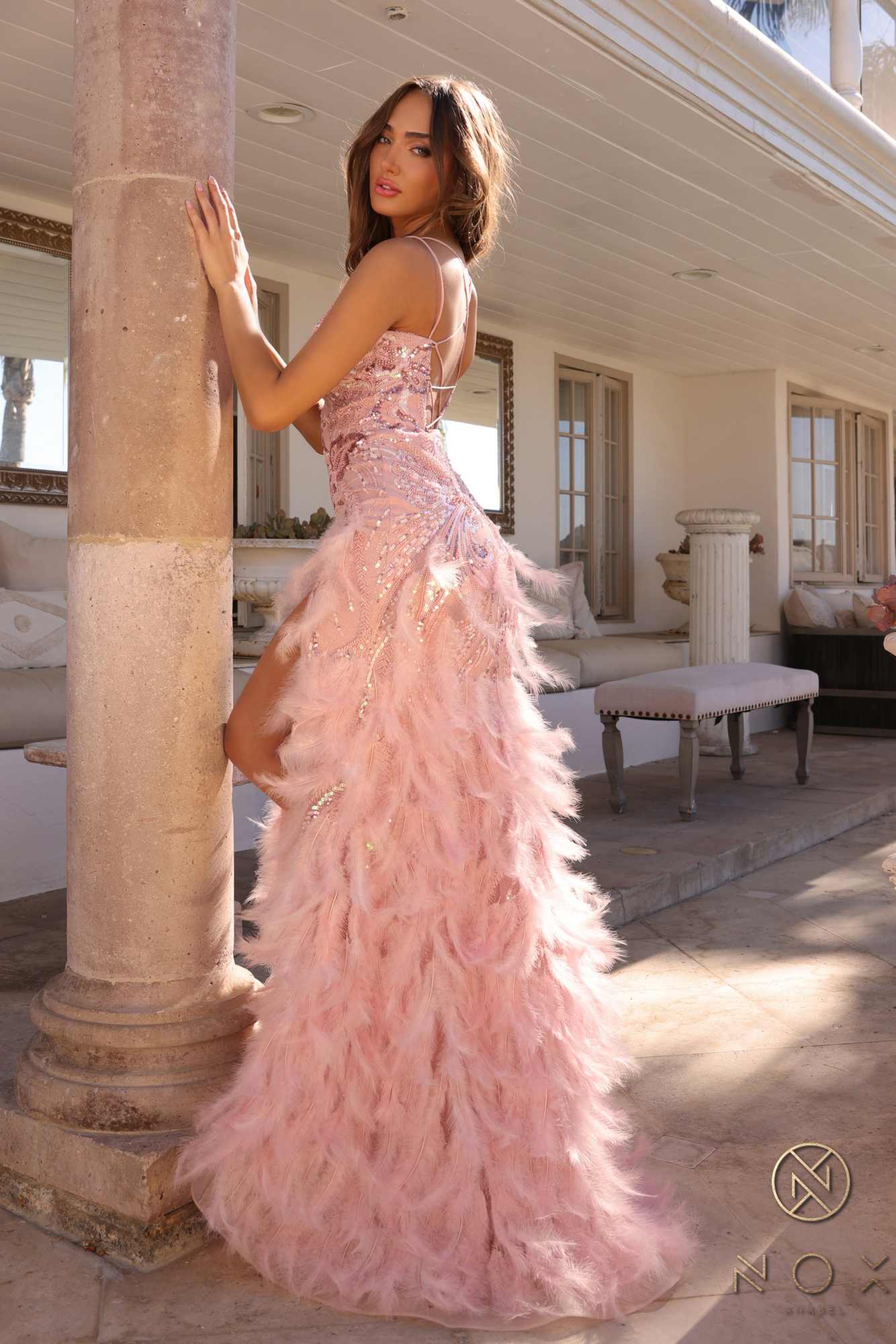Nox Anabel C1413 Long Sequin Embroidered Applique Fitted Feather Gown by DiscountDressShop