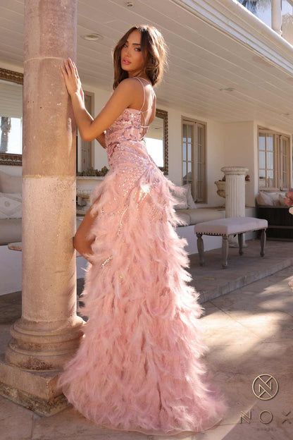 Nox Anabel C1413 Long Sequin Embroidered Applique Fitted Feather Gown by DiscountDressShop