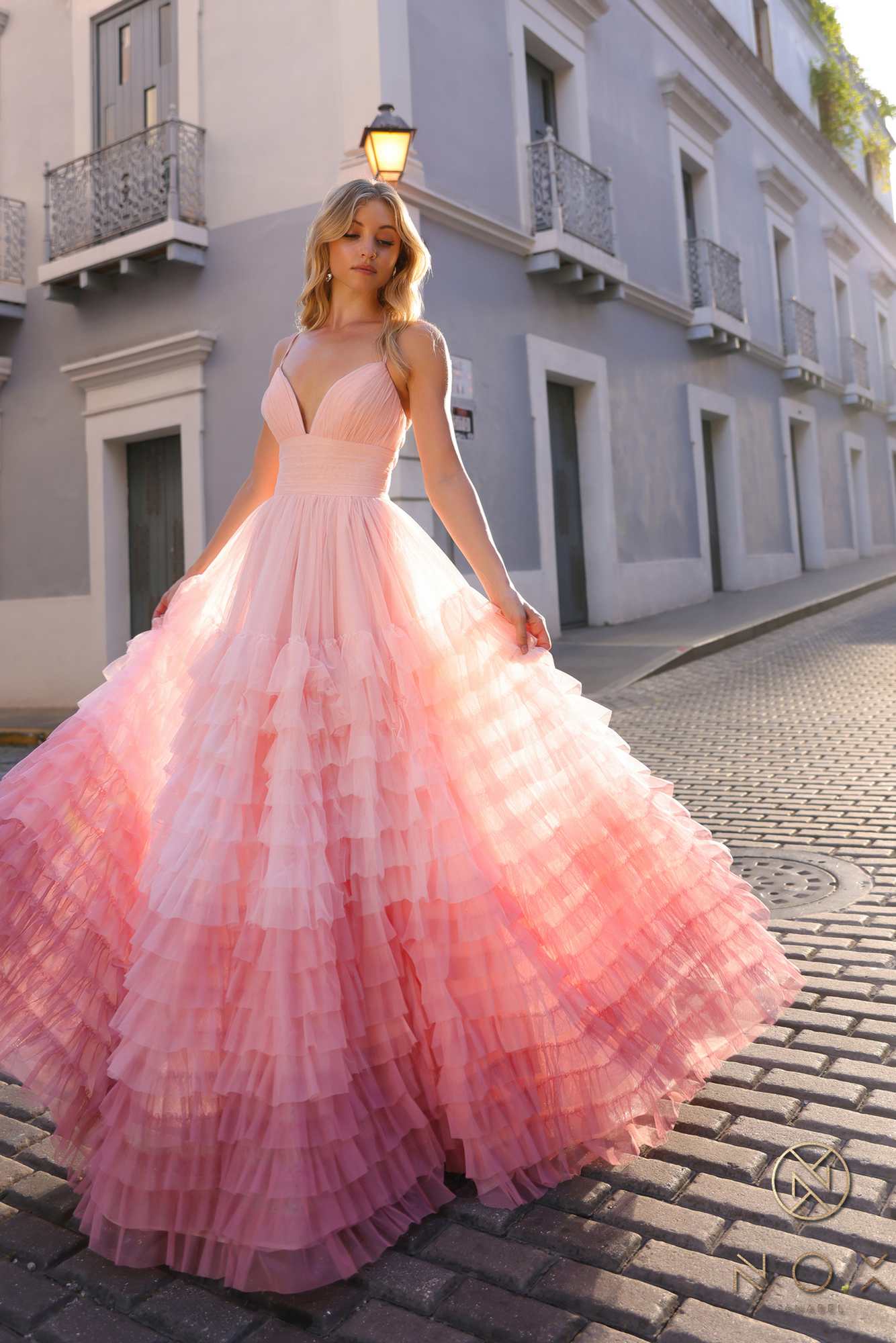 Nox Anabel C1420 Long Ombre Tiered Ruffled Skirt A-Line Slit Gown by DiscountDressShop