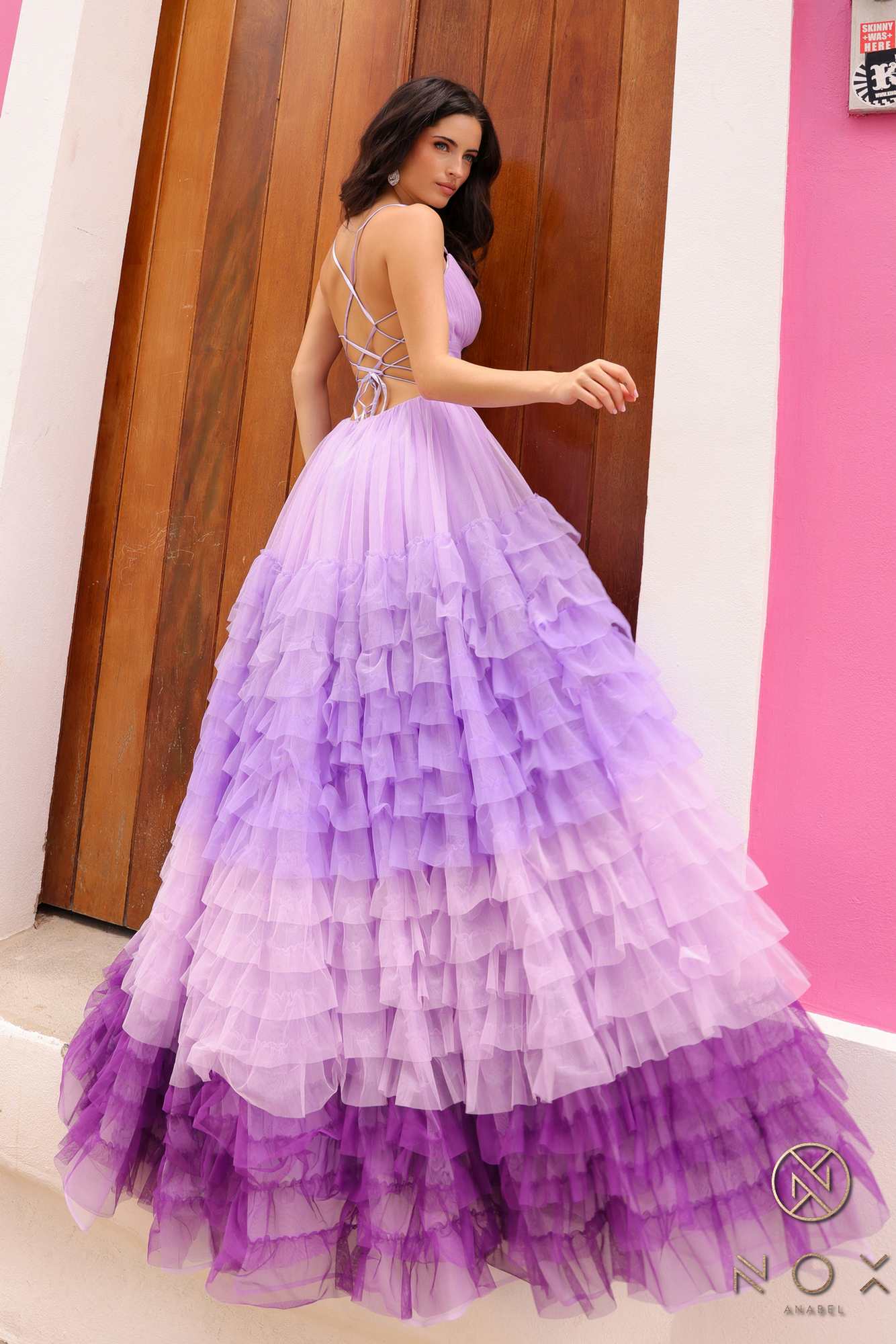 Nox Anabel C1420 Long Ombre Tiered Ruffled Skirt A-Line Slit Gown by DiscountDressShop