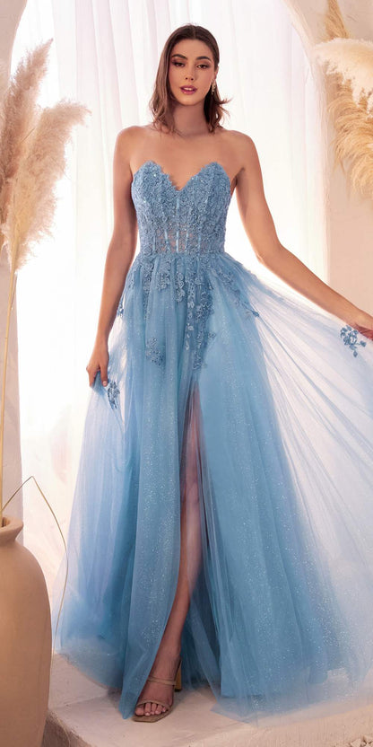 Ladivine C148 Long Strapless Lace and Tulle Glitter A-Line Ballgown by DiscountDressShop