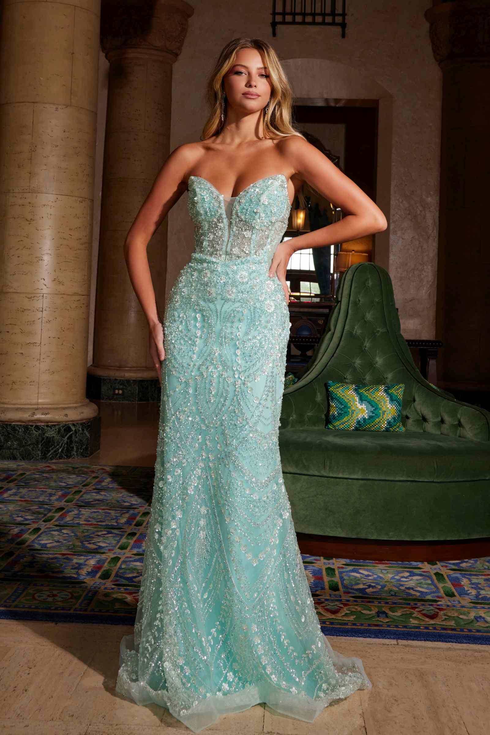 Nox Anabel C1599 Strapless Beaded Tulle Dress with Lace-Up Back by DiscountDressShop