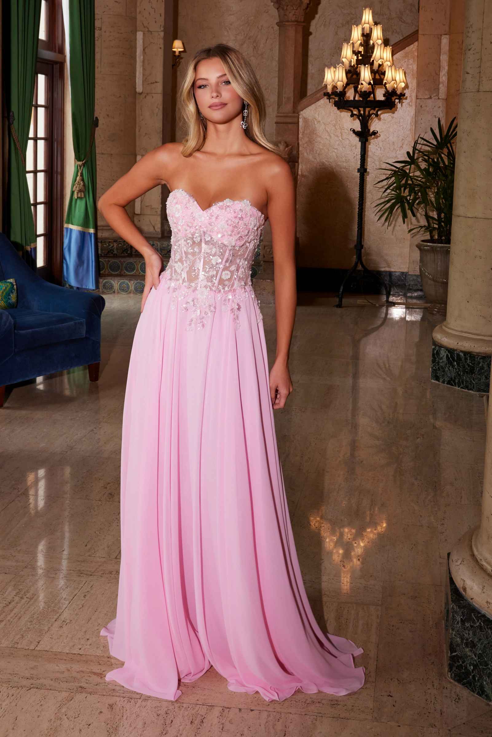Nox Anabel C1617 Strapless Applique Corset with Chiffon Skirt Dress by DiscountDressShop