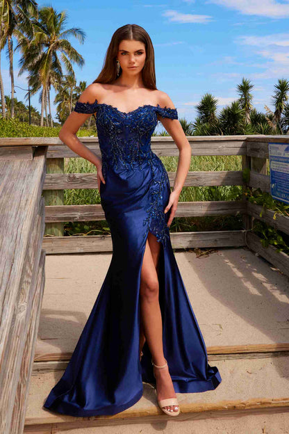 Nox Anabel C1647 Satin Sweetheart Off-Shoulder Sheer Boned Bodice Dress by DiscountDressShop