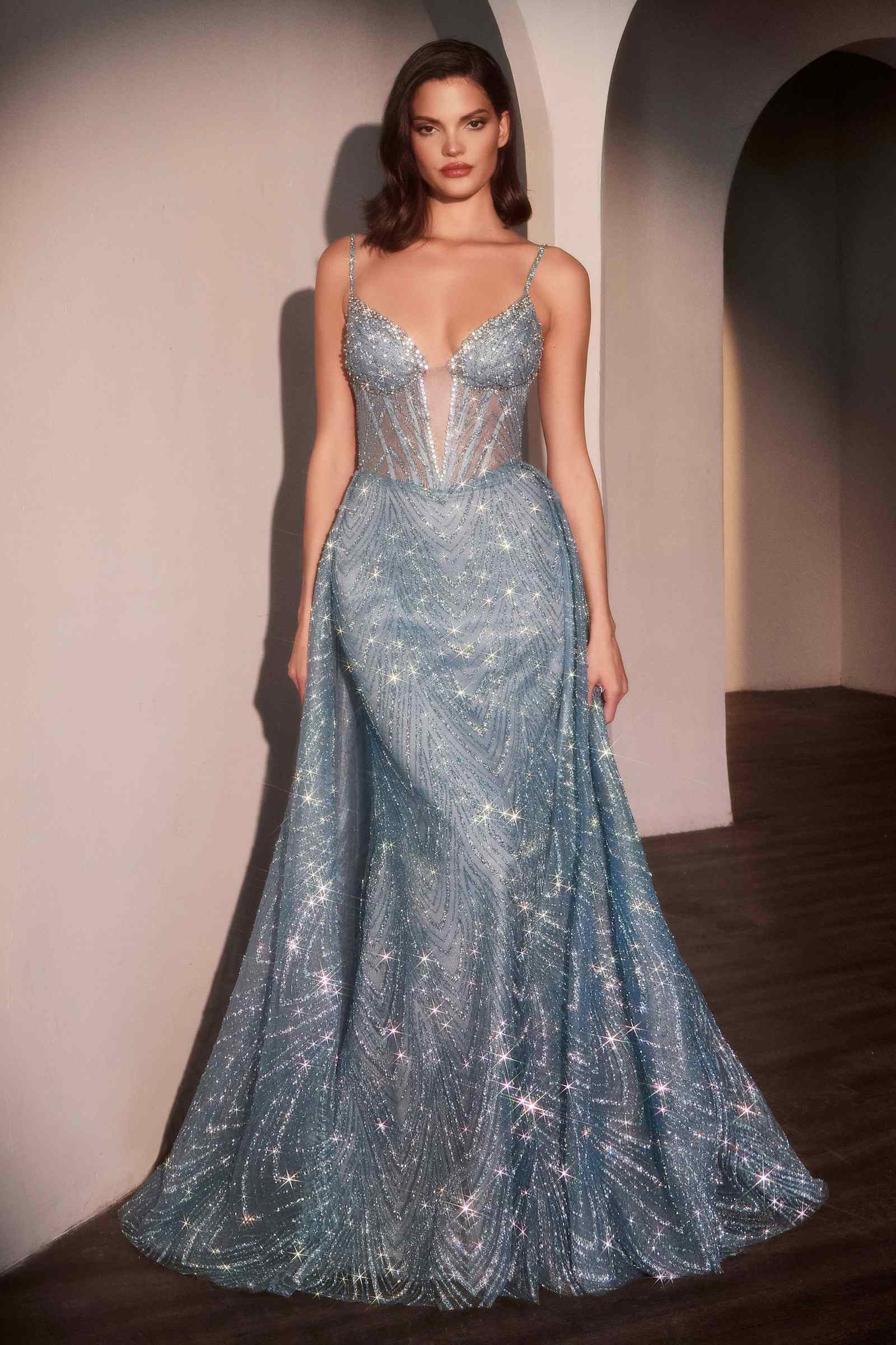 Ladivine C167 Dress Glitter Printed Fitted Gown With Overskirt by DiscountDressShop