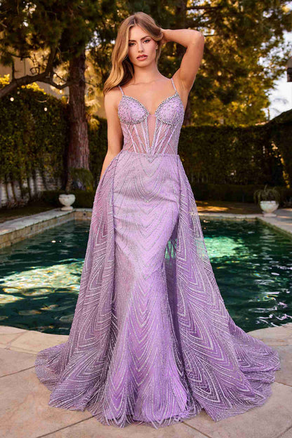 Ladivine C167 Dress Glitter Printed Fitted Gown With Overskirt by DiscountDressShop