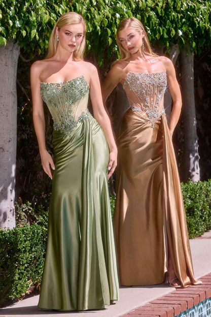 Ladivine C169 Strapless Corset Bodice Beaded Satin Gown by DiscountDressShop