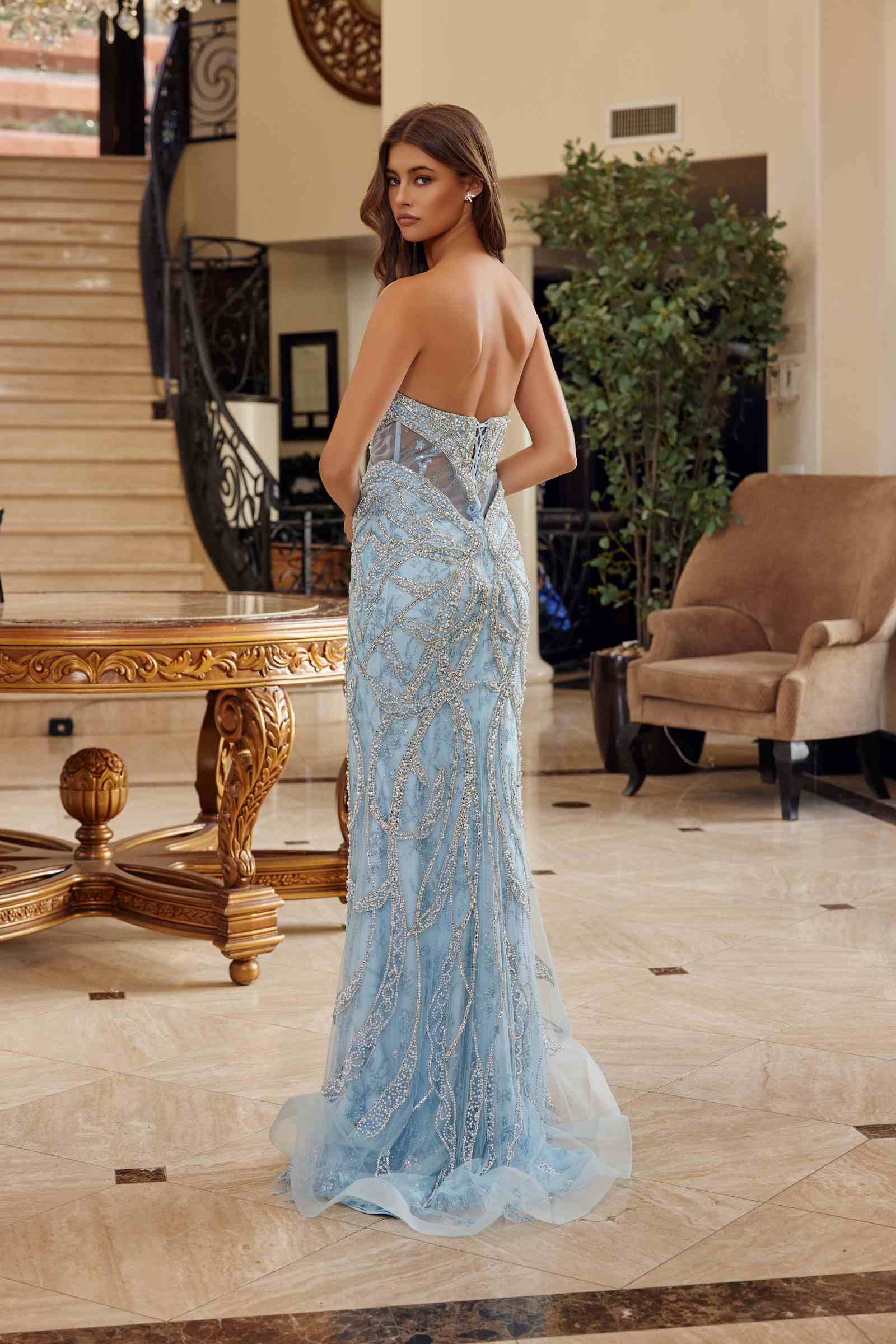 Nox Anabel C1826 Peaked Neckline Beaded Embellishments Fitted Prom Gown by DiscountDressShop