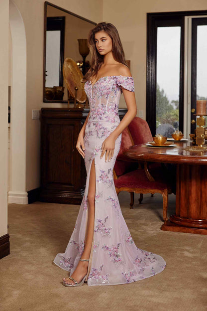 Nox Anabel C1829 Off Shoulder Silhouette Embroidered Bodice Prom Gown by DiscountDressShop