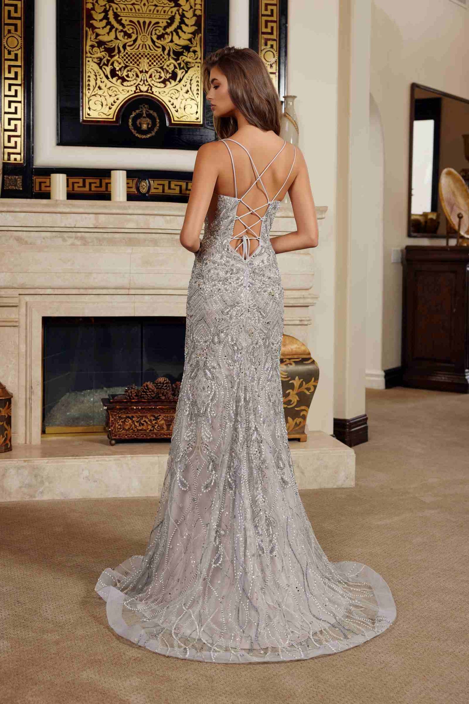 Nox Anabel C1834 Fitted Beaded Embellishments Peaked Neckline Prom Gown by DiscountDressShop