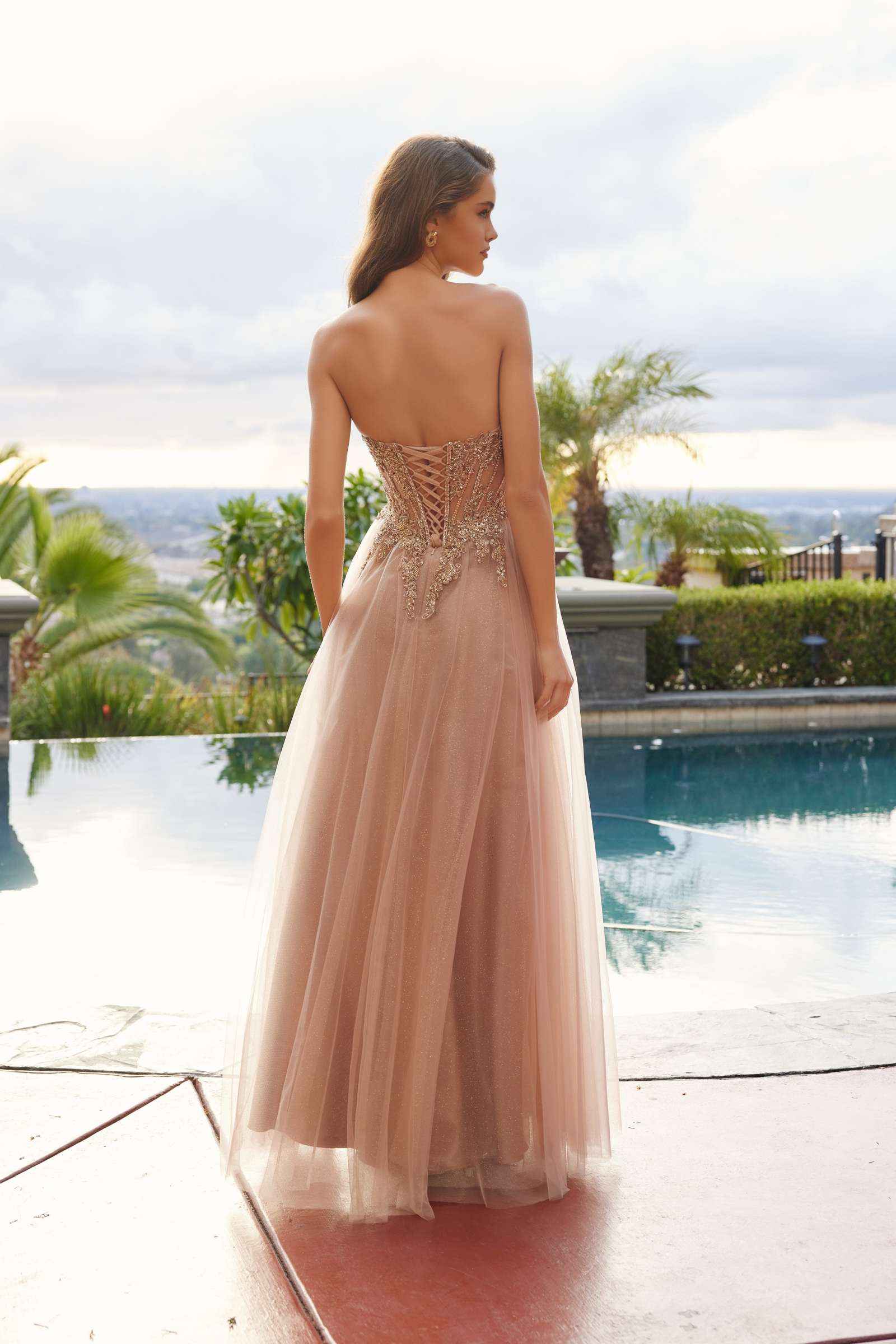 Nox Anabel C1843 Mesh A-Line Peaked Neckline Sequin Prom Ball Gown by DiscountDressShop