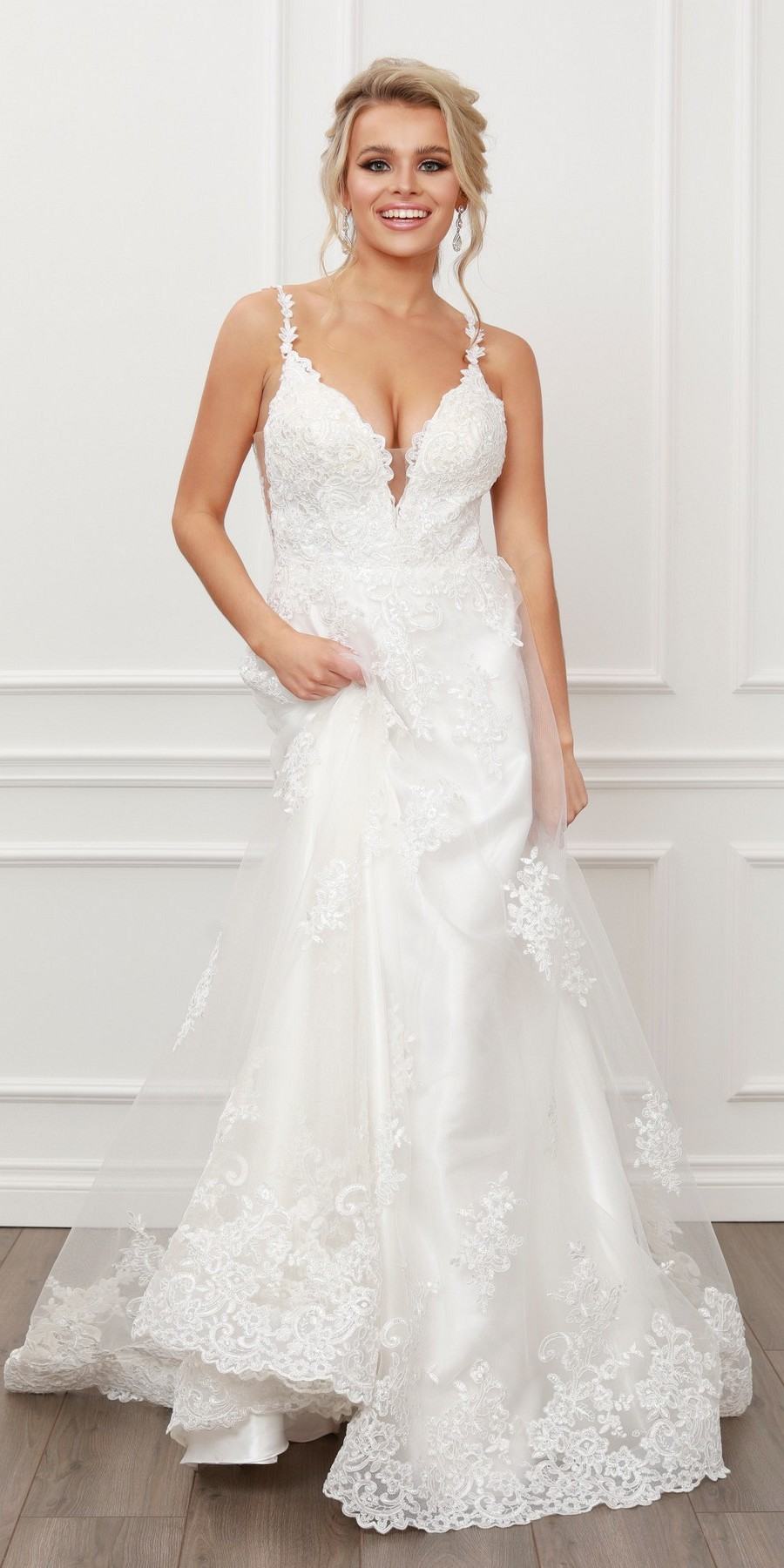Nox Anabel C461 A-Line V-Neck Side Cutout Lace Strap Ball Gown by DiscountDressShop
