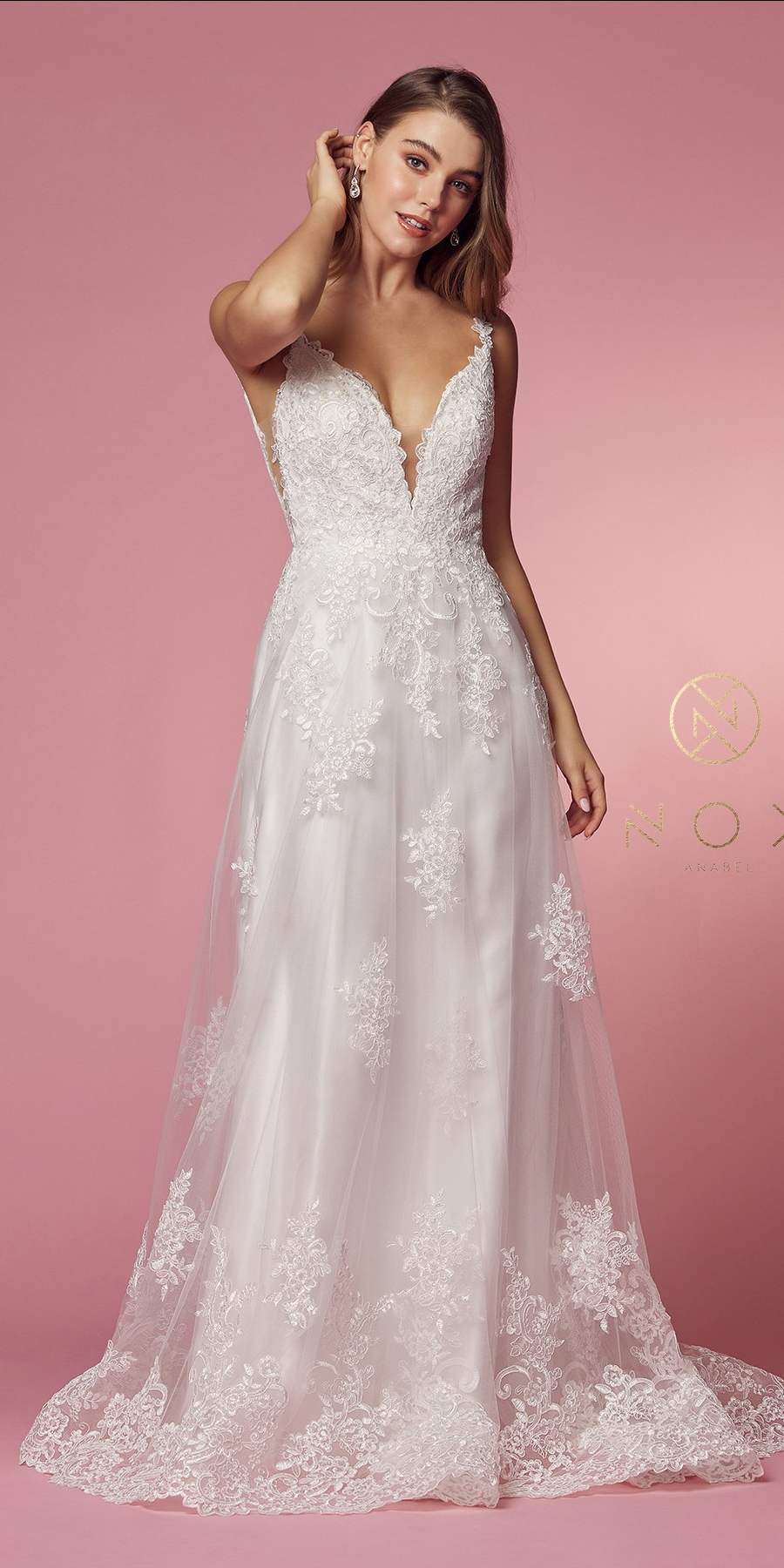 Nox Anabel C461 A-Line V-Neck Side Cutout Lace Strap Ball Gown by DiscountDressShop