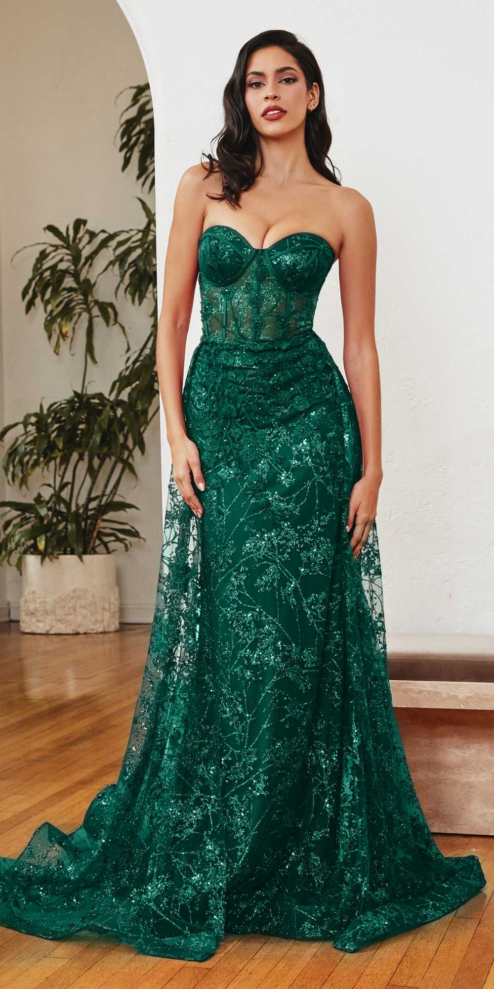 Ladivine CB046 Strapless Fitted Gown Floral Applique And Glitter Tulle Overskirt by DiscountDressShop