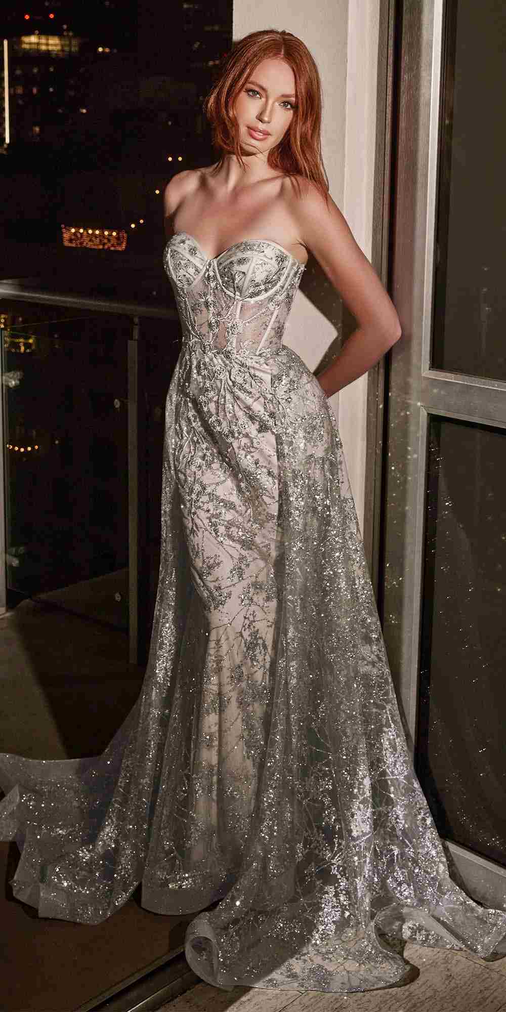 Ladivine CB046 Strapless Fitted Gown Floral Applique And Glitter Tulle Overskirt by DiscountDressShop