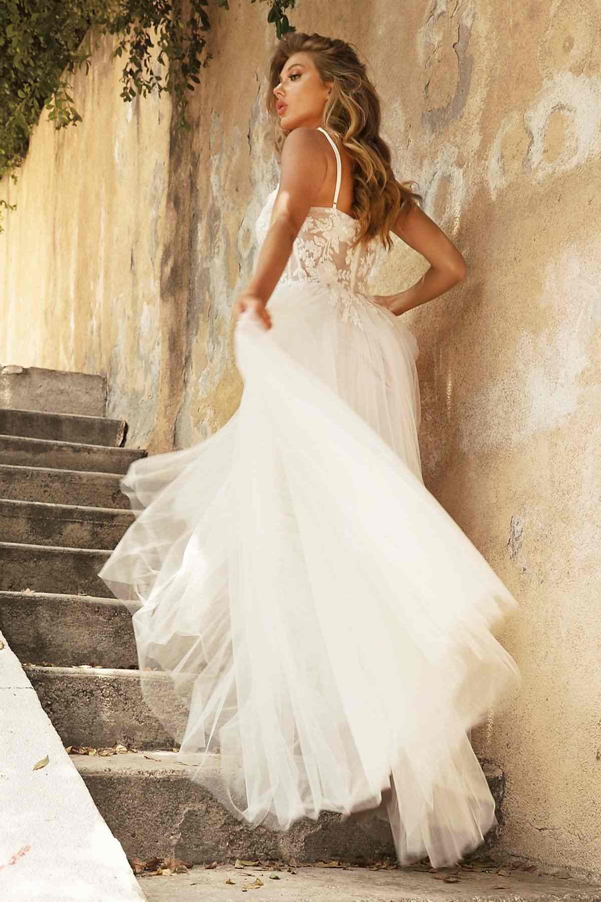 Cinderella Divine CB072W Layered A-Line Tulle Bridal Gown Embroidered Bodice by DiscountDressShop