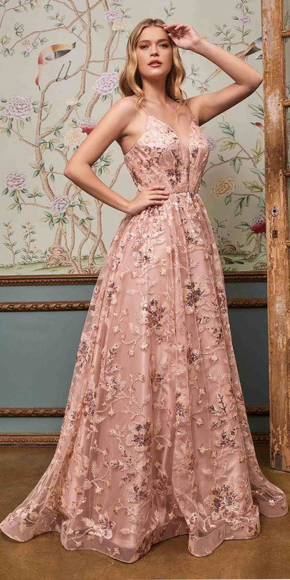 Cinderella Divine CB073 Floor Length Luminescent Floral Sequin Print Ball Gown by DiscountDressShop