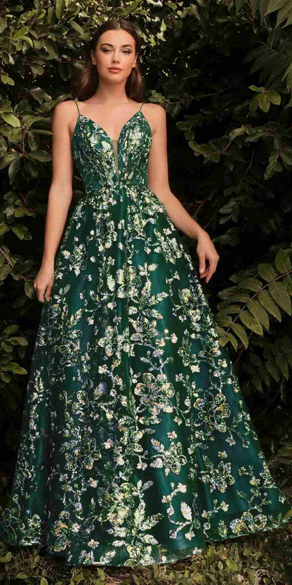 Cinderella Divine CB073 Floor Length Luminescent Floral Sequin Print Ball Gown by DiscountDressShop