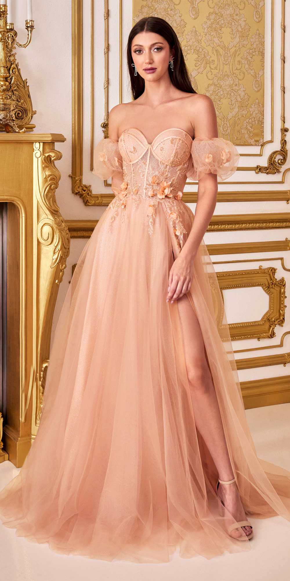 Cinderella Divine CB080 Long Strapless Tulle Floral Ball Gown by DiscountDressShop