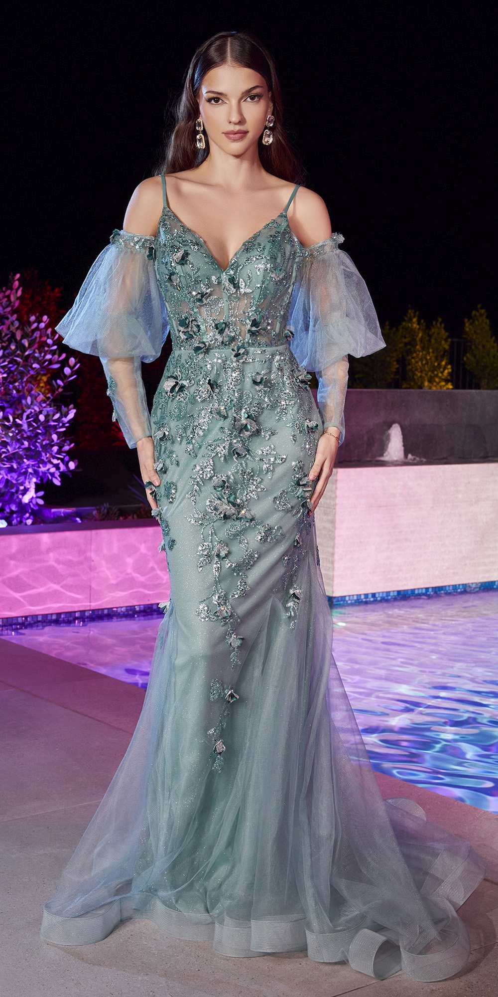 Ladivine CB121 Embellished Fitted Mermaid Gown with Puff Sleeves by DiscountDressShop