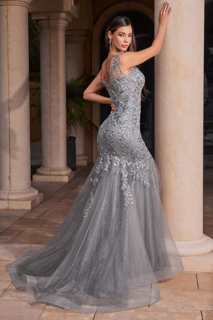 Ladivine CB128 Long Mermaid Floral Pattern Layers of Tulle Trumpet Gown by DiscountDressShop