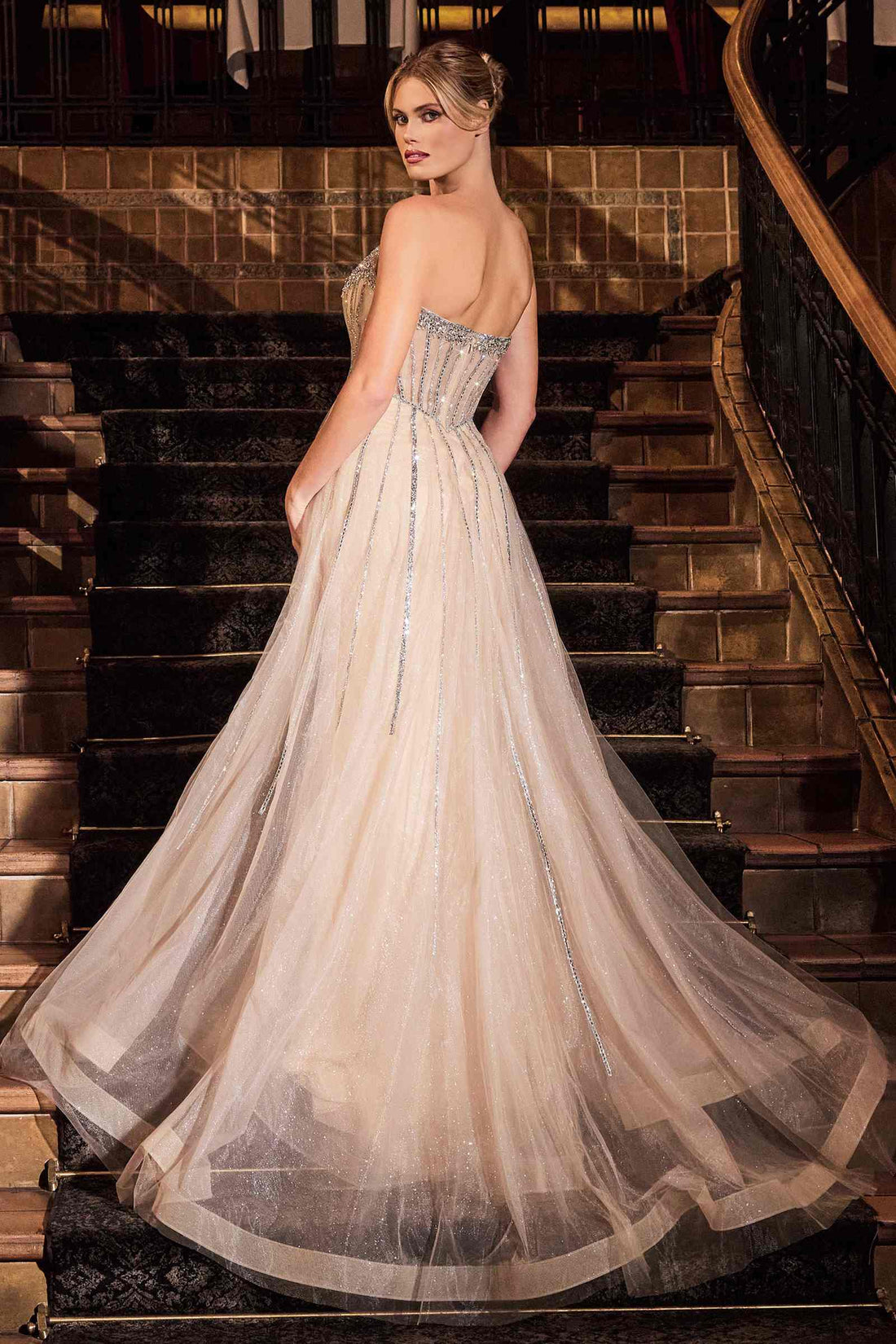 Ladivine CB158 Strapless Crystal Embellished Gown With Overskirt by DiscountDressShop