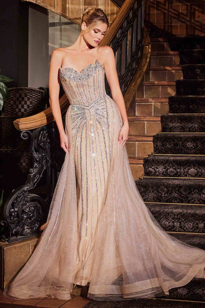 Ladivine CB158 Strapless Crystal Embellished Gown With Overskirt by DiscountDressShop