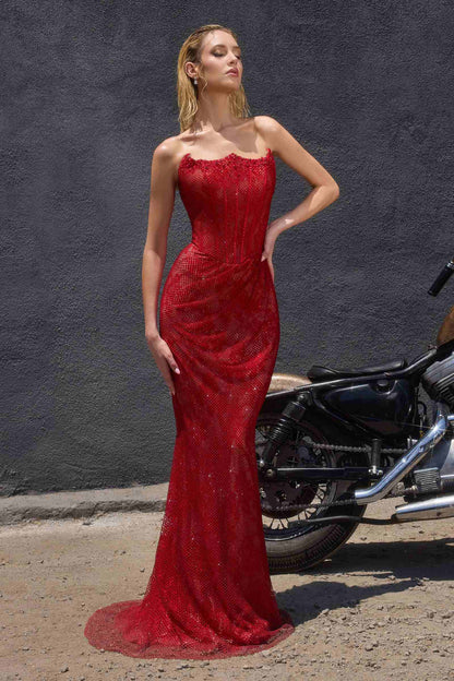 Ladivine CB162 Fitted Strapless Scoop Neck Leg Slit Beaded Gown by DiscountDressShop