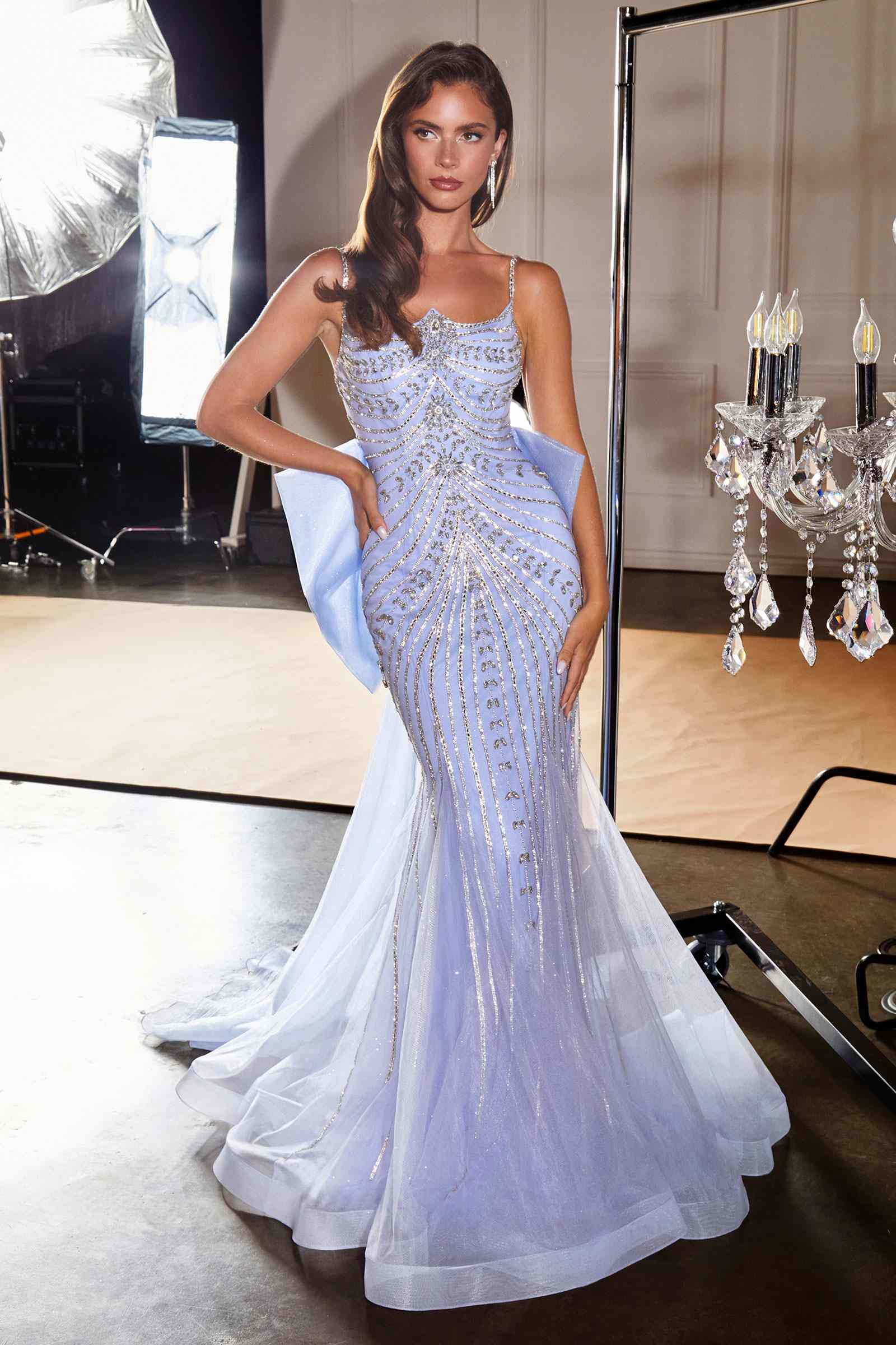 Ladivine CB167 Fitted Radiant Beadwork Scoop Neckline Dress Oversized Bow Train by DiscountDressShop
