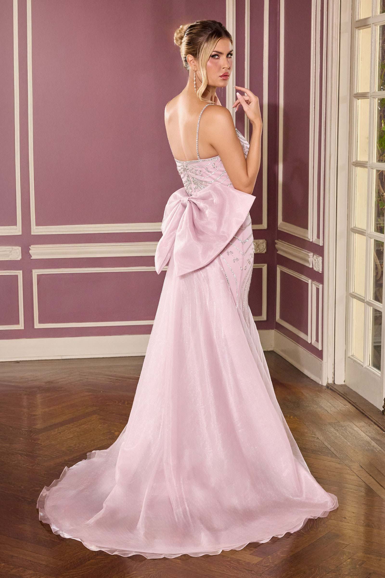Ladivine CB167 Fitted Radiant Beadwork Scoop Neckline Dress Oversized Bow Train by DiscountDressShop