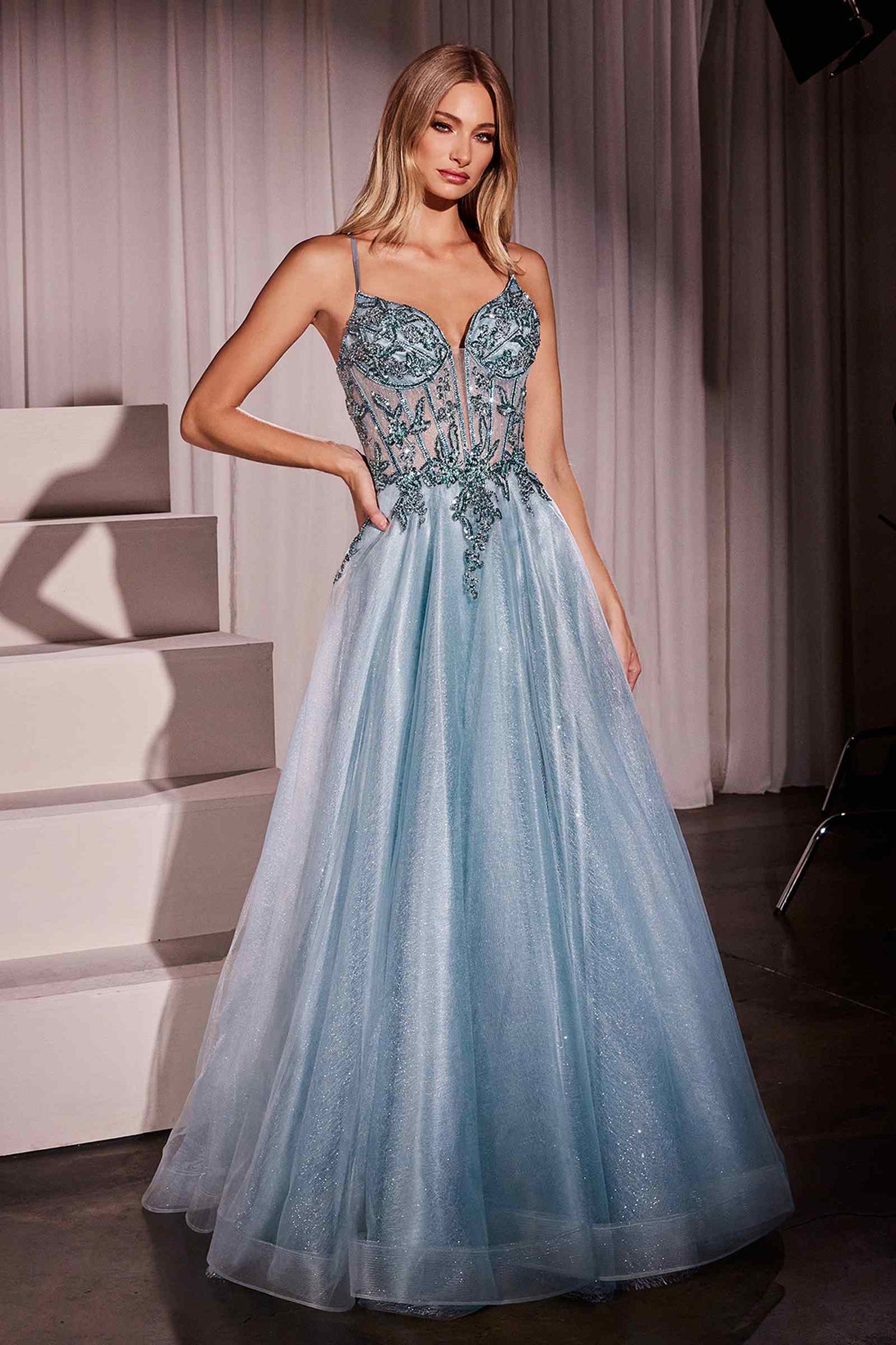 Ladivine CC0881 Dress A-Line Layered Tulle Gown &amp; Lace Embellished Bodice by DiscountDressShop