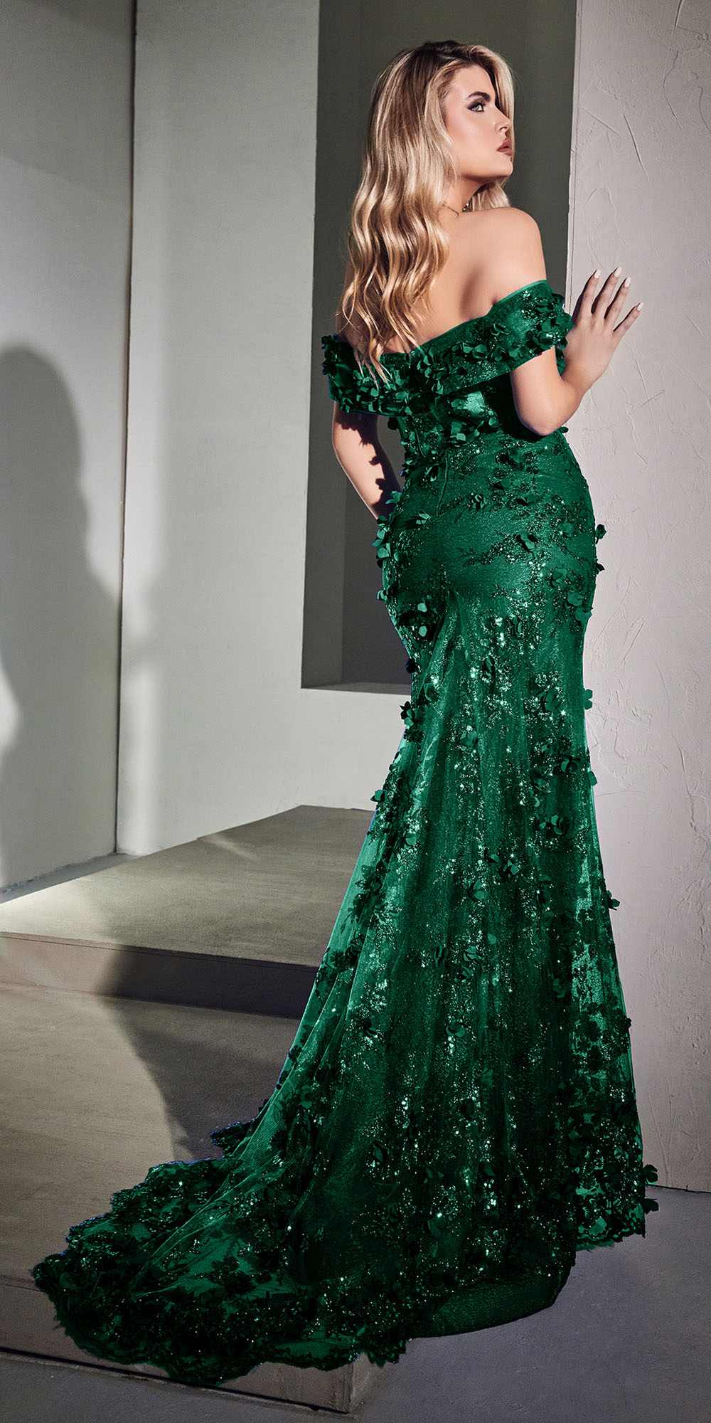 Cinderella Divine CC2164 Long Off The Shoulder 3D Applique Floral Gown by DiscountDressShop
