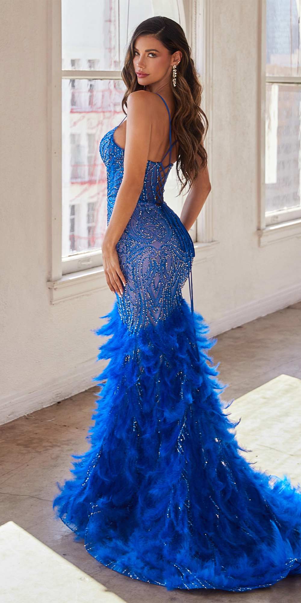 Ladivine CC2308 Long Fully Embellished and Feather Mermaid Gown by DiscountDressShop