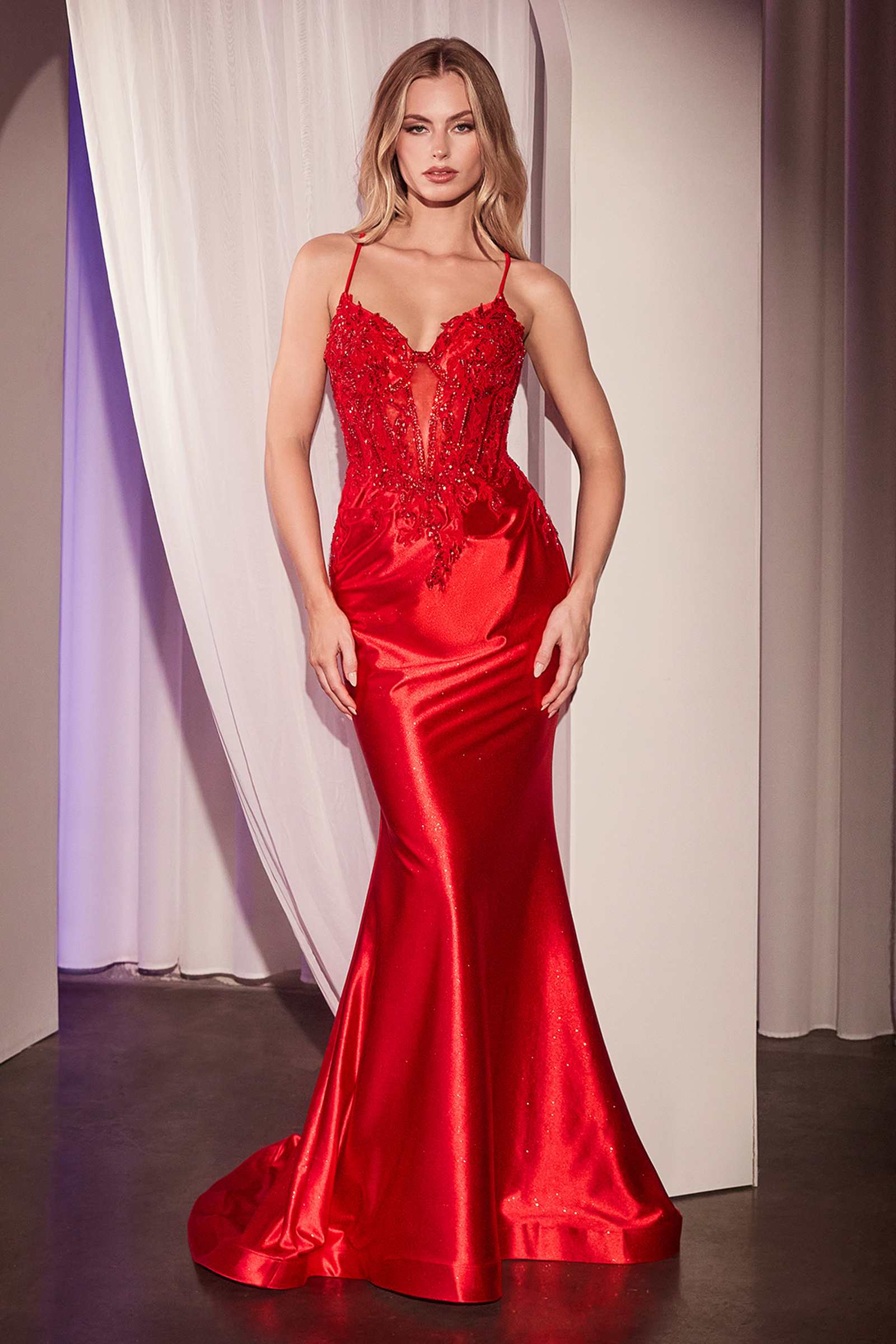 Ladivine CC2401 Dress Embellished Lace &amp; Satin Fitted Gown by DiscountDressShop