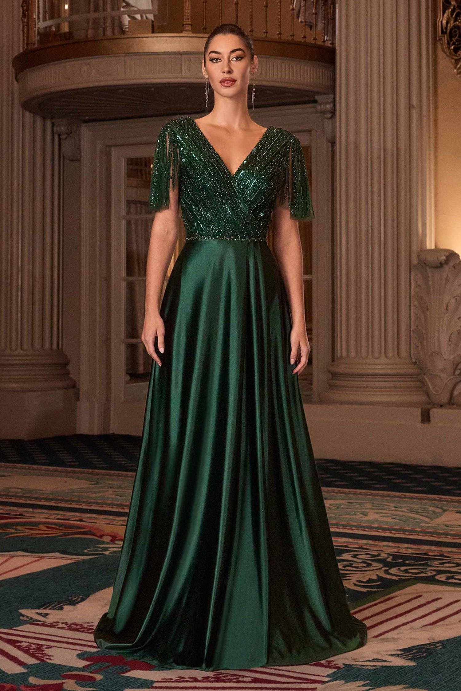 Ladivine CC447 Flutter Sleeves V-Neckline A-Line Satin Evening Gown by DiscountDressShop