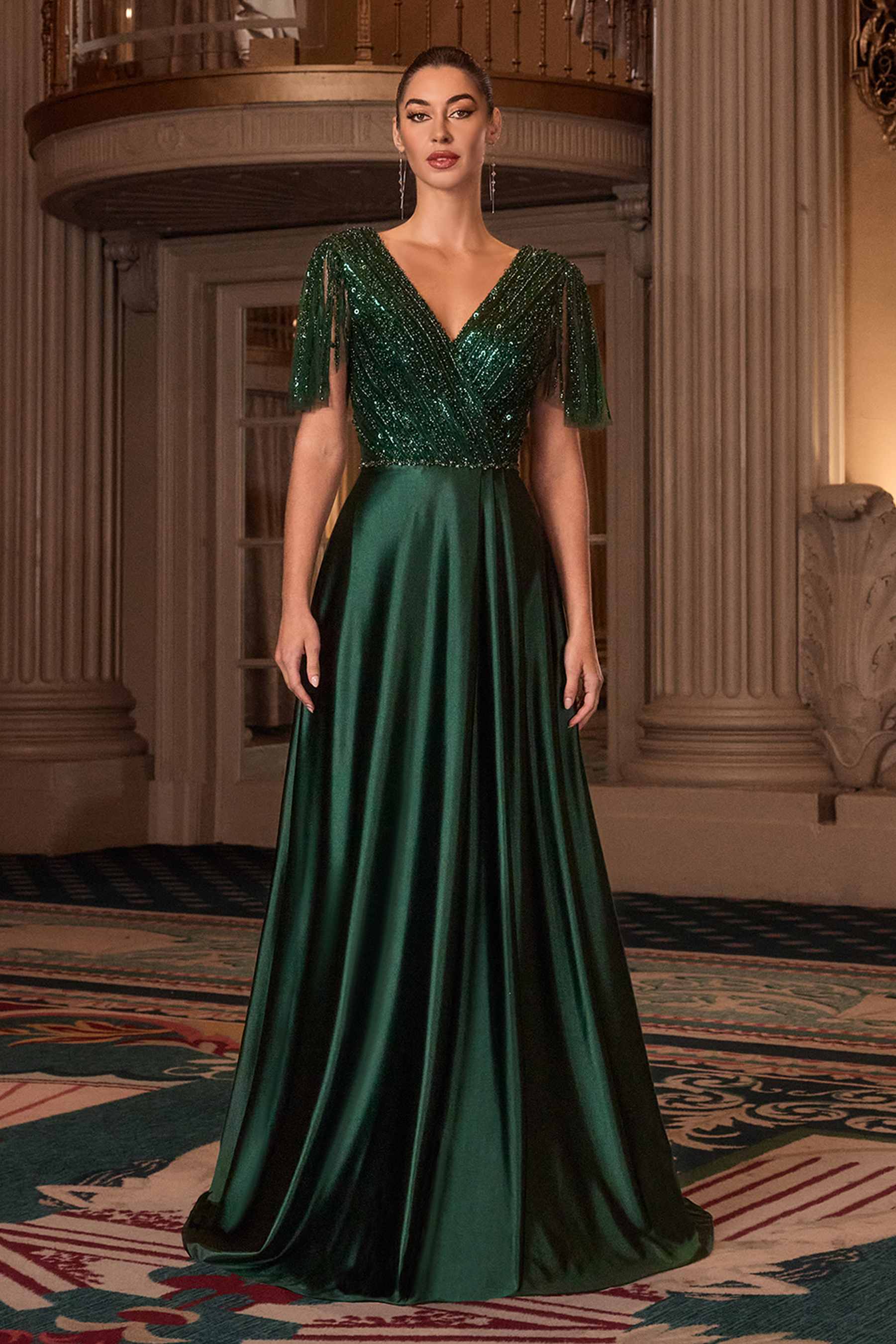 Ladivine CC447 Flutter Sleeves V-Neckline A-Line Satin Evening Gown by DiscountDressShop