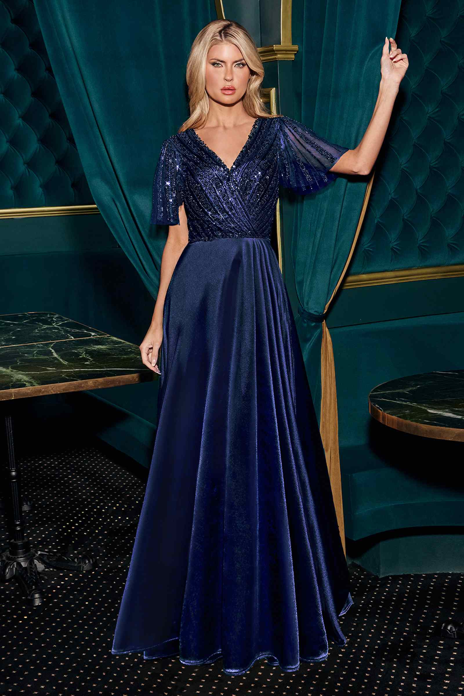 Ladivine CC447 Flutter Sleeves V-Neckline A-Line Satin Evening Gown by DiscountDressShop