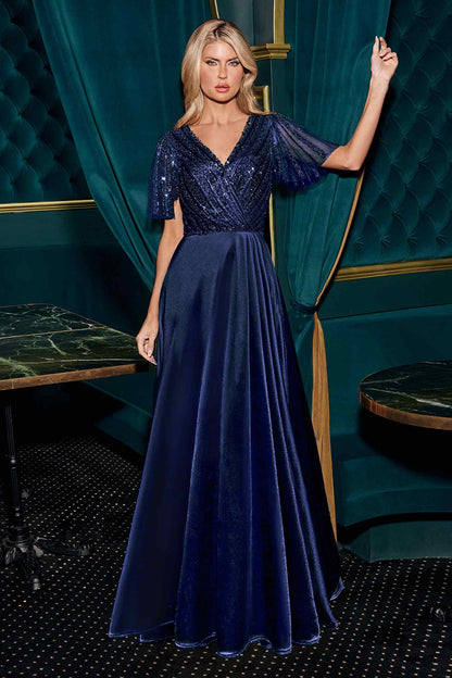 Ladivine CC447 Flutter Sleeves V-Neckline A-Line Satin Evening Gown by DiscountDressShop