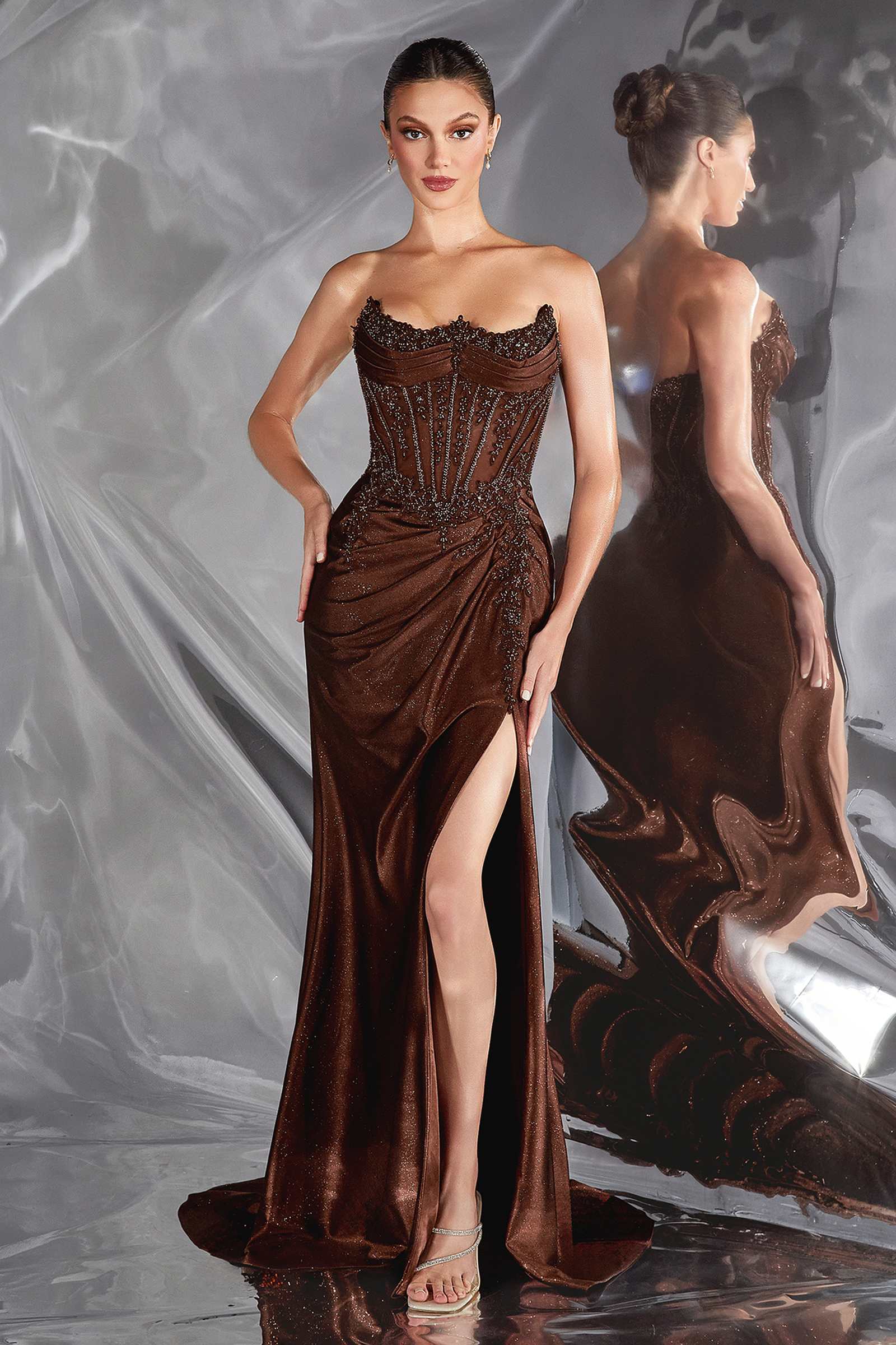 Ladivine CC463 Strapless Sweetheart Fitted Satin Skirt Gown by DiscountDressShop