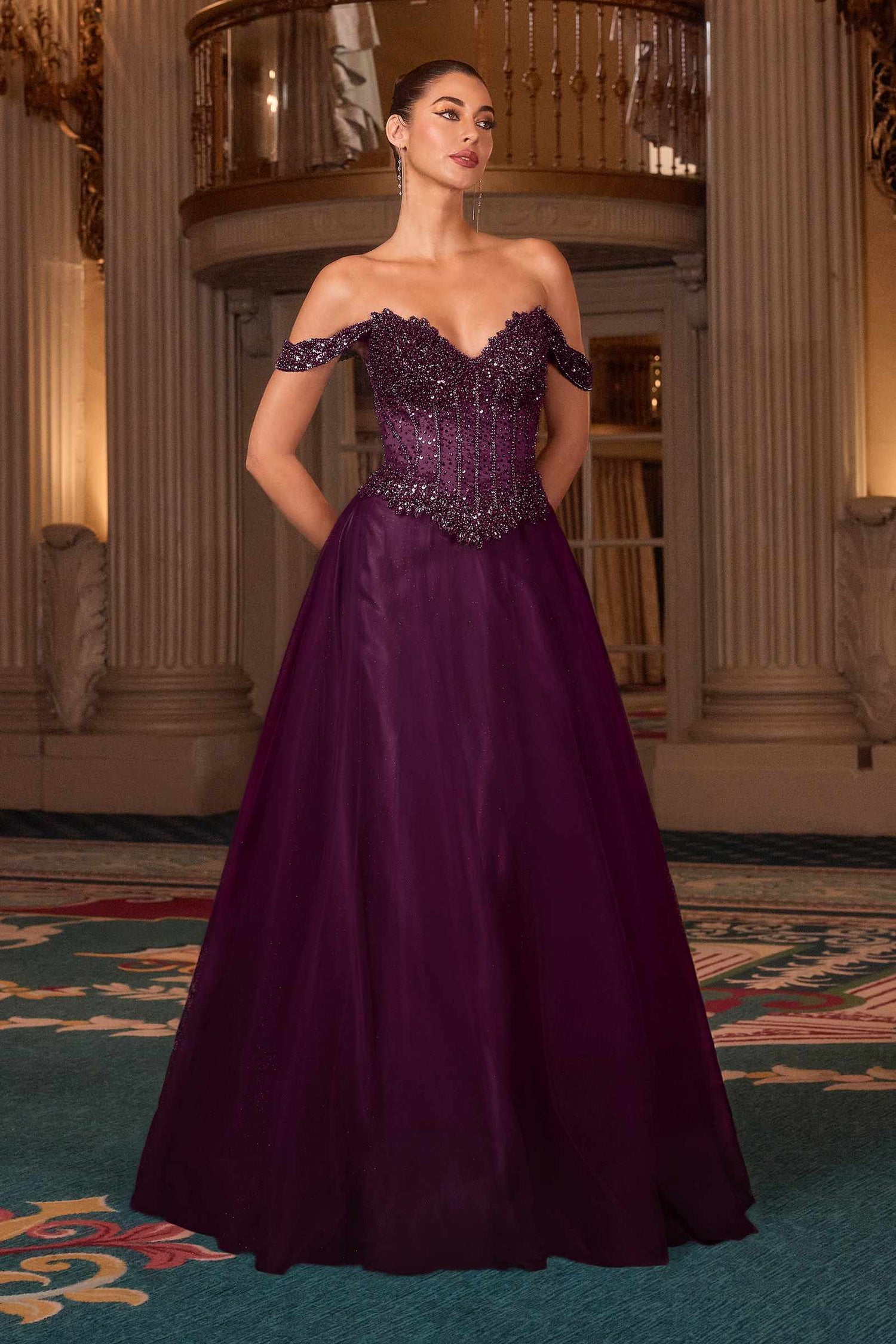 Ladivine CC471 Off Shoulder Glitter Tulle Corset Bodice A-line Ball Gown by DiscountDressShop