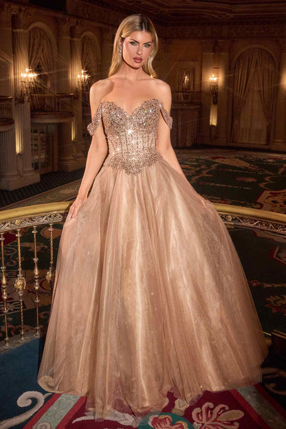 Ladivine CC471 Off Shoulder Glitter Tulle Corset Bodice A-line Ball Gown by DiscountDressShop