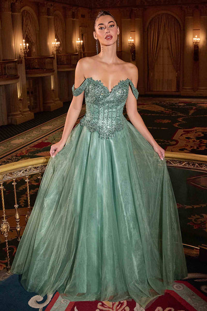 Ladivine CC471 Off Shoulder Glitter Tulle Corset Bodice A-line Ball Gown by DiscountDressShop