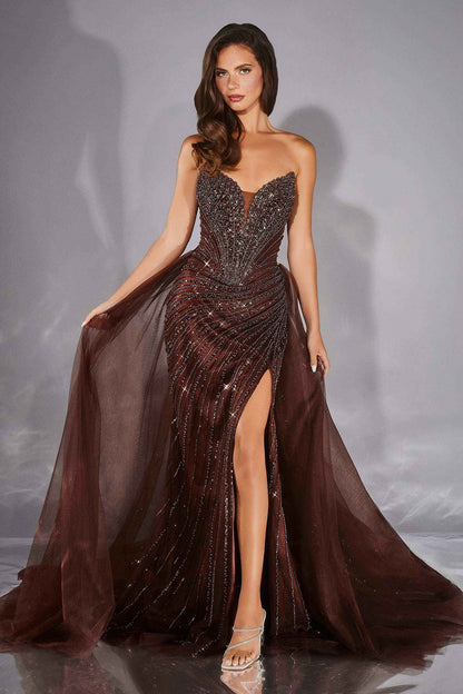 CLEARANCE - Ladivine CC492 Beaded Detachable Tulle Overskirt Fitted Mocha Gold Gown (Size 12) by DiscountDressShop